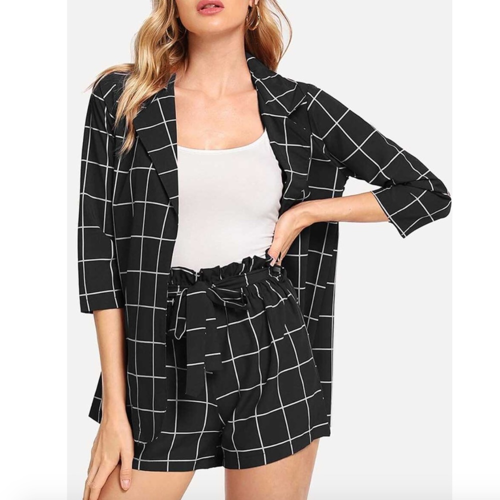 Plaid Blazer With Self Tie Waist Shorts Set
